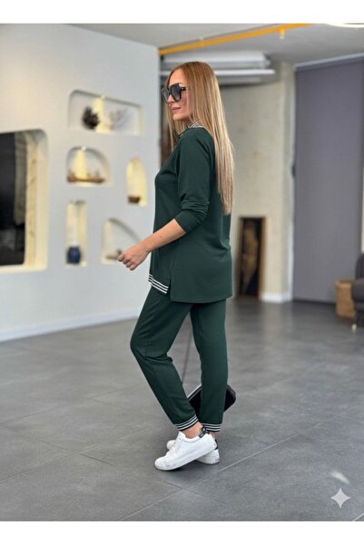 modaserdem Women's Long Sleeve Zipper Stripe Detail Patterned Top and Bottom Two-Piece Viscose Two-Thread Set