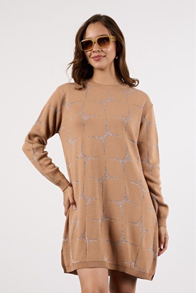 Moda Days Women's Beige Yan Slit Crew Neck Glitter Patterned Knitwear Blouse