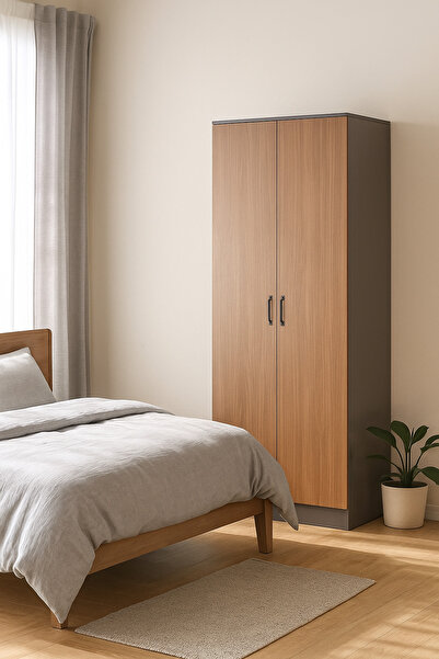 MARIA HOMES 2-Door Wardrobe with Shelves – 80×54×200 cm Modern Gray & Wood Finish Storage Cabinet