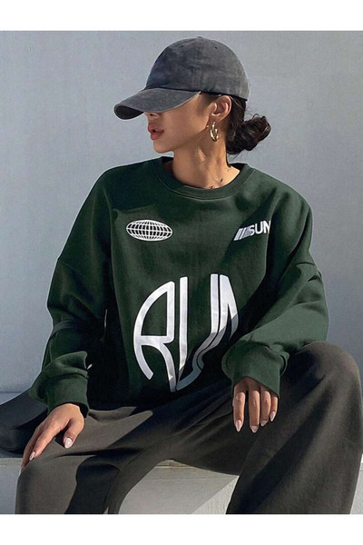 VİBES Φούτερ με λογότυπο Run - Πράσινη στάμπα, χοντρή χειμερινή λαιμόκοψη