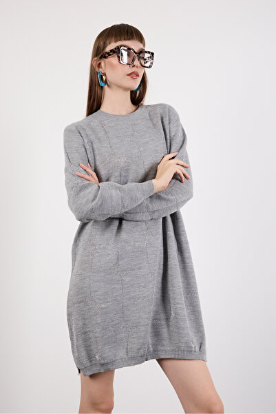 Moda Days Women's Gray Side Slit Crew Neck Glitter Patterned Knitwear Blouse