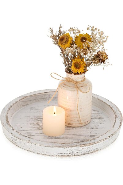 Romadedi حامل شموع خشبي ريفي - دائري، أبيض باهت