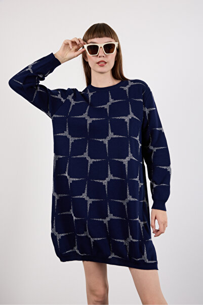 Moda Days Women's Dark Navy Side Slit Crew Neck Glitter Patterned Knitwear Blouse