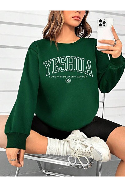 VİBES Hanorac Yeshua - Verde Imprimat Oversize Gros Iarnă Crew Gât