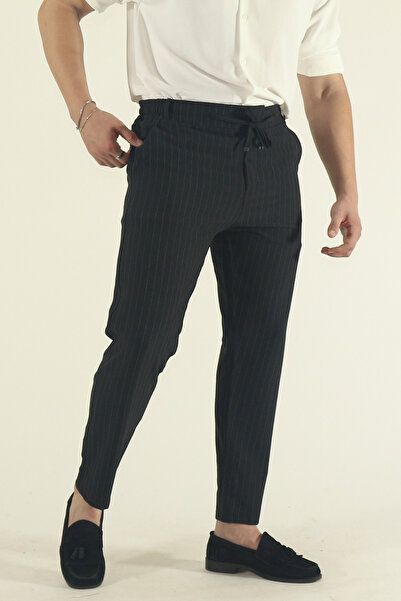 EydaMoon Men's Stretch Fabric Elastic Waist Lace-Up Striped Ankle Length Side Pocket Jogger Pants