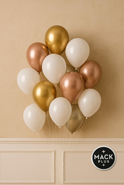 MACK PLUS 10’lu 12 İnç Luxury Shine Rose Gold Krom, Metalik Gold & Beyaz Balon Seti – Helyum Uyumlu