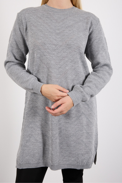 Clothes Fast Women's Gray Side Slit Crew Neck Glitter Patterned Knitwear Blouse