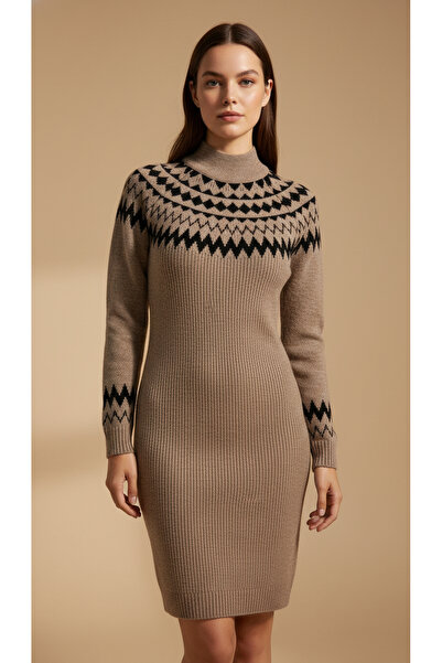 Digz fashion Light Brown Black Patterned Melange Knitwear Dress