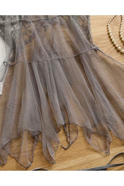 Trendiverse ve çekici şeffaf tül  gecelik tanga takım