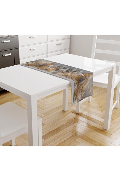Şah Dekor Christmas Themed Gold Patterned Runner Digital Printed Tablecloth 45X100 cm