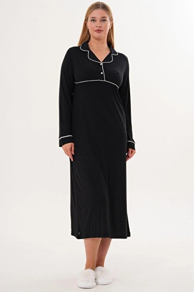 Lohussa Women's Black Piped Special Design Long Sleeve Maternity Nightgown with Nursing Feature