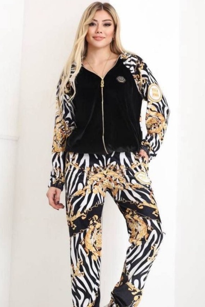 Bella Belluci Velvet Fabric Digital Printed Zipper Hoodie and High Waist Sweatpants Bottom Top Set 8011
