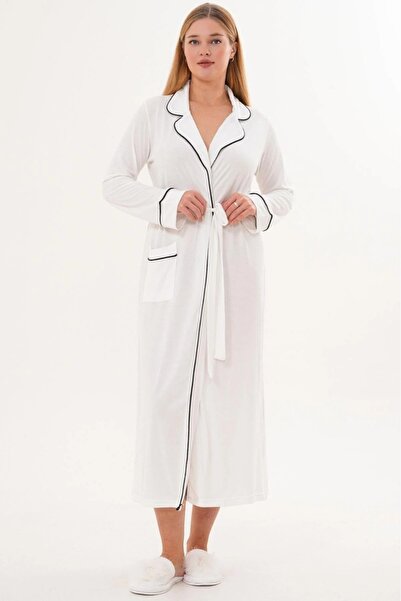 Lohussa Women's Ecru Piped Belted Pocket Shawl Collar Special Design Cotton Long Dressing Gown