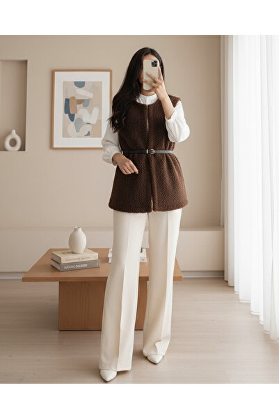 MissRunin Beli Kemerli Çift Cepli Astarlı Peluş Yelek