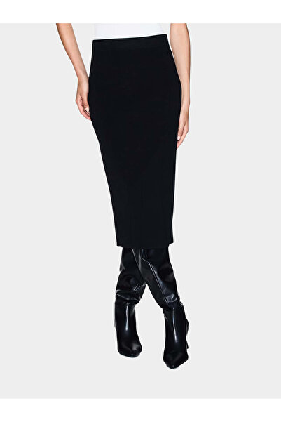 Armani Exchange Women's Ribbed Stretchy Knitted Fabric Slim Fit Midi Length Pencil Black Skirt Xw001302 Af10352-Uc001