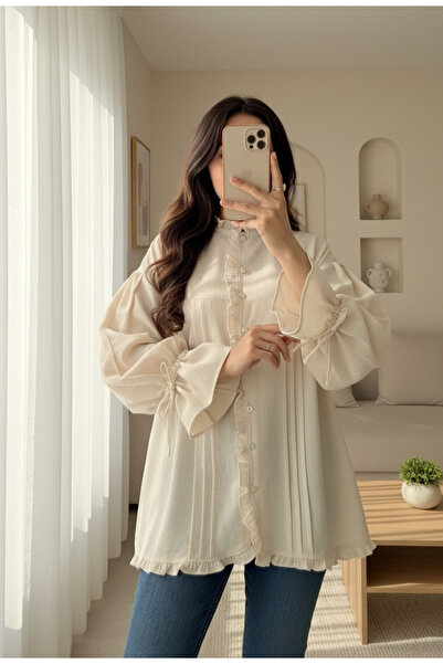 MissRunin Kolları Bağcıklı Taşlı Düğmeli Modal Kumaş Gömlek