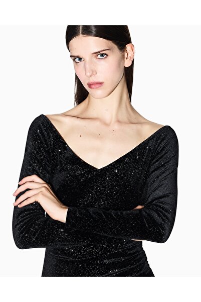 Armani Exchange Women's V-Neck Long Sleeve Midi Length Slim Fit Black-Silver Dress Xw000795 Af16143-Mc072