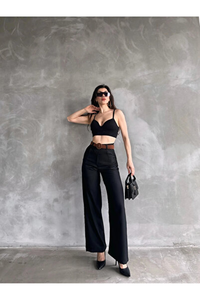 defiletekstil Yüksek Bel Palazzo Pantolon & Deri Tokalı Kemer Seti – Siyah