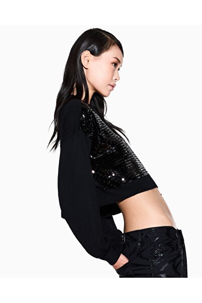 Armani Exchange Women's Regular Fit Front Sequin Pattern Round Neck Long Sleeve Black Sweater Xw001326 Af16682-Mc117