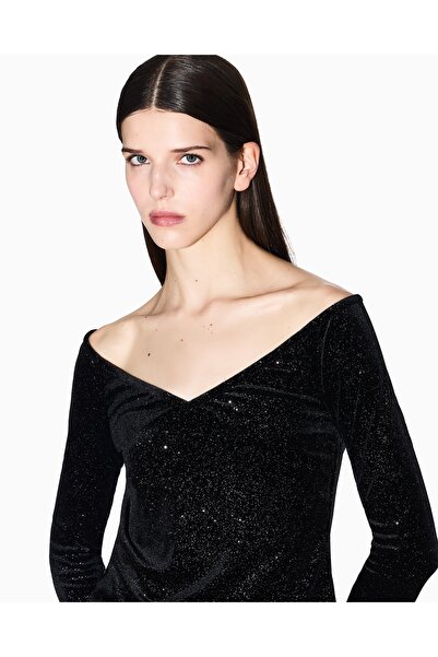 Armani Exchange Women Slim Fit Silvery Slim Fit V-Neck Long Sleeve Black-Silver Sweater Xw001296 Af16143-Mc072