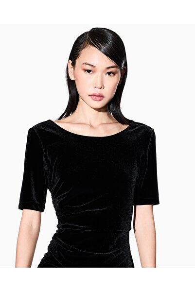 Armani Exchange Women's Slim Fit Pleated Round Neck Short Sleeve Velvet Short Black Dress Xw001300 Af16147-Uc001