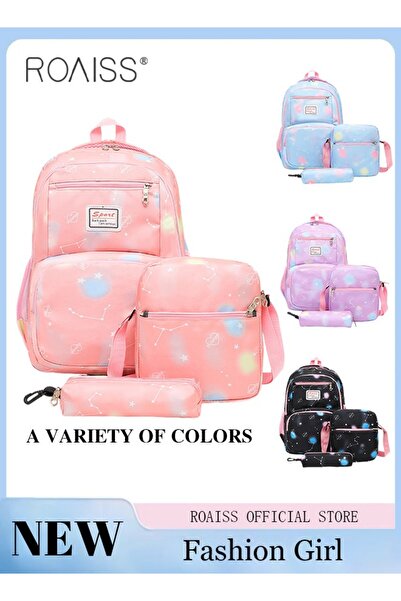 ROAISS مجموعة حقيبة ظهر مكونة من 3 قطع، حقيبة مدرسية بسيطة ذات سعة كبيرة وحقيبة كتف وحقيبة أقلام مقاومة للماء