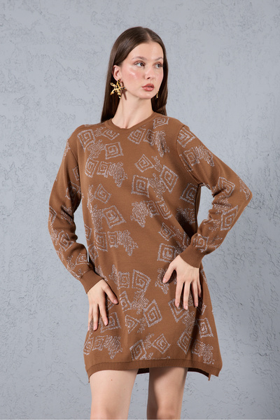 Moda Days Women's Taba Yan Slit Crew Neck Glitter Patterned Knitwear Blouse