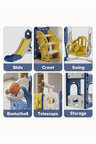 Venpara 5-in-1 Kids Slide and Swing Set with Basketball Hoop, Storage & Telescope