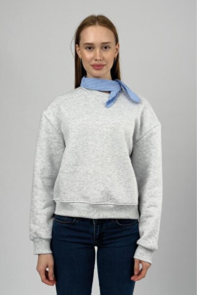 Betimoda Hanorac pentru femei basic din bumbac cu interior fleece și guler tricou gri deschis