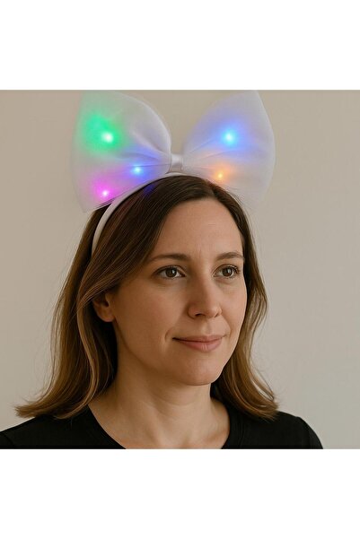 Skygo Rengarenk Led Işıklı Fiyonk Şekilli Tül Parti Tacı Beyaz Renk 25x25 cm