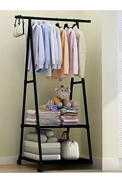 Generic A-Frame Single Pole Clothes Rack with 2 Lower Storage Shelves and Wheels