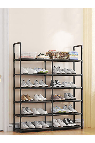 Generic رف أحذية بلاستيكي أسود ذو صفين بسعة كبيرة مكون من 6 طبقات مع مقبض، من...