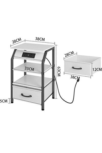 Venpara Bedside Table with Charging Station, Multifunctional Nightstand with Fabric Drawer & Adjustable Feet