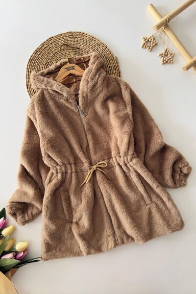 Minigimin Cicileri Miniğimin Cicileri Belden Bağcık Detaylı Kapüşonlu Peluş Kız Çocuk Mont - Vizon