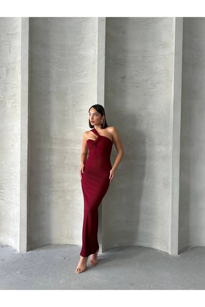INFİVENTO Bordo Tek Omuz Gece/Nikah Elbisesi
