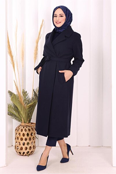 TRENDTESETTÜR Women's Navy Blue Belted Coat t 96007