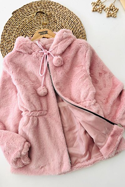 Minigimin Cicileri Miniğimin Cicileri Plush Girl's Hooded Girl's Coat - Powder