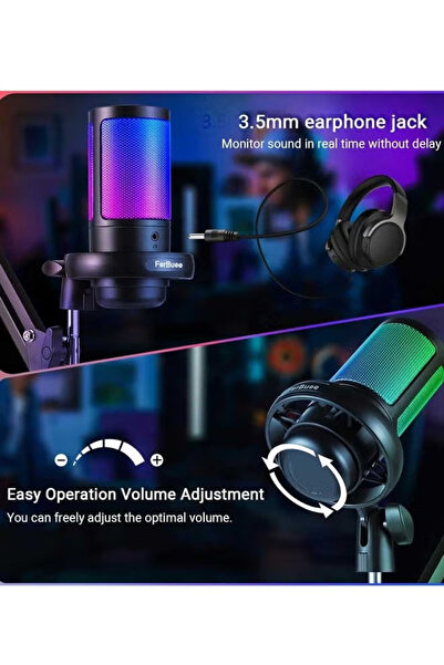 Generic ميكروفون مكثف USB للكمبيوتر الشخصي بإضاءة RGB مع زر كتم الصوت والتحكم في مستوى الصوت ومقبس سماعة رأس مقاس 3.5 ملم