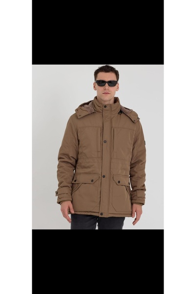 Cinar erkek giyim Uzun mont slimfit kışlık şapkalı polarli keten kumaş spor