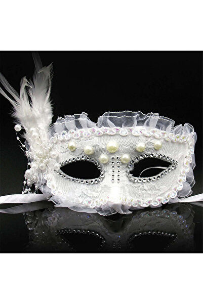ZERO LAND Lvsqvr White Color Side Feathered Pearl Embroidered Stone Lace Party Mask (80521) 17X12 cm