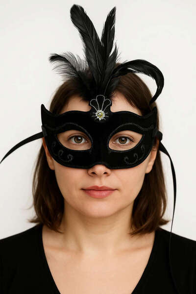 ZERO LAND Lvsqvr Black Color Feathered Black Suede Overlay Party Prom Mask (80519) 20X16 cm