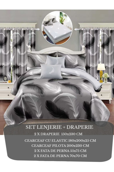 Patul Lenjerie de pat + Draperie, Bumbac Finet, Pucioasa, Pat Dublu, Cearceaf...