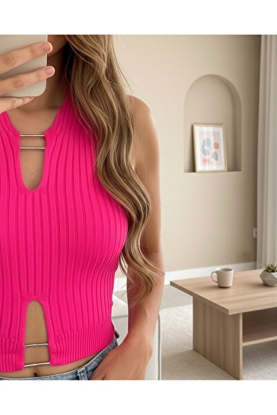 MissRunin Metal Detailed Zero Sleeve Ribbed Knitwear Crop Undershirt