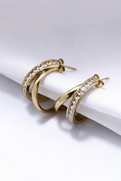 Leo'Stone Premium Seri Dual Grace Tasarım İkili Görünüm Baget Zirkon Taş Detaylı Kadın Çelik Küpe