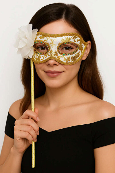 ZERO LAND Lvsqvr Luxury Rhinestone Handle Masquerade Mask White Color (80452) 35 cm