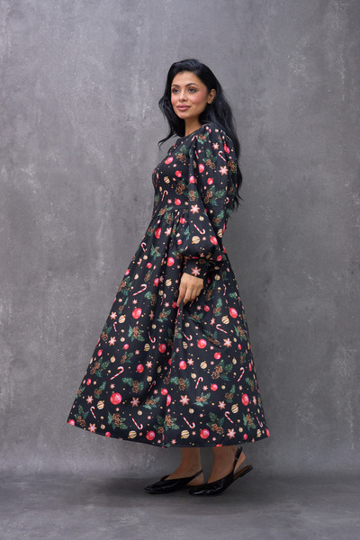 KÜÇÜĞÜM BUTİK Winter Dream Pleated Black Figured Satin Dress