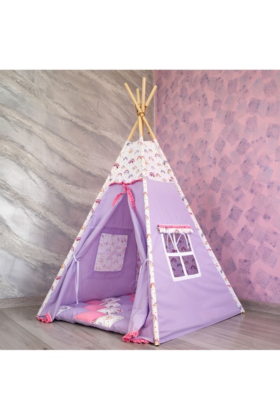 Pernador Teepee playpen 120 x 120cm with mattress, purple with pink and rainbow