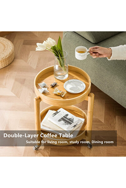 Zztcmp Double Layer Coffee Table,Round Side table with Universal Wheels