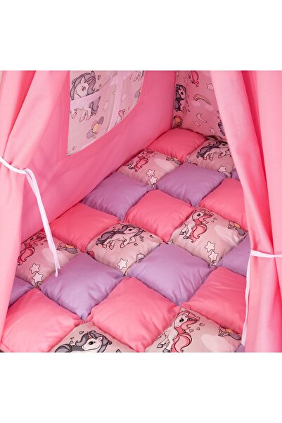 Pernador Cortulet de joaca Teepee 120 x 120cm cu salteluta, roz cu mov si unicorni
