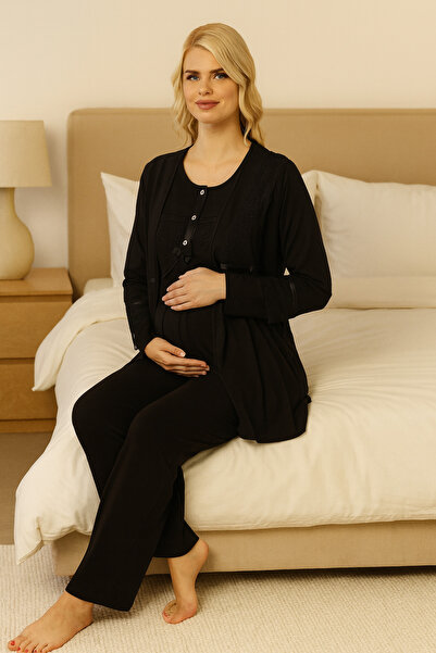 Miss Dünya Lissa Black Lace Detailed Long Sleeve Maternity and Postpartum Pajama Set Suitable for Breastfeeding